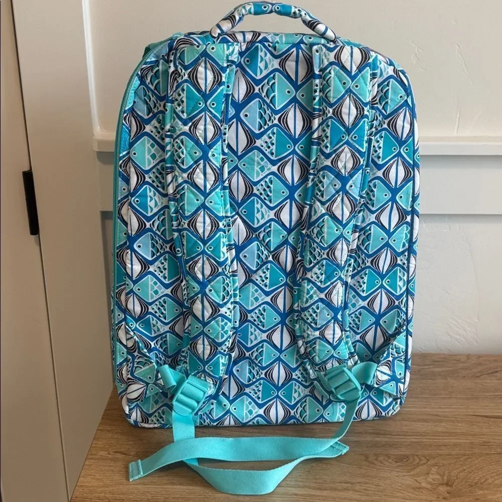 Vera Bradley Go Fish Blue Patterned Quilted Large Essential Travel Backpack NWT